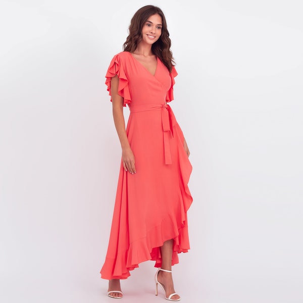 Coral red romantic wrap around dress, maxi dress, long dress, wedding guest dress,formal short sleeve dress,evening dress,elegant dress,maxi