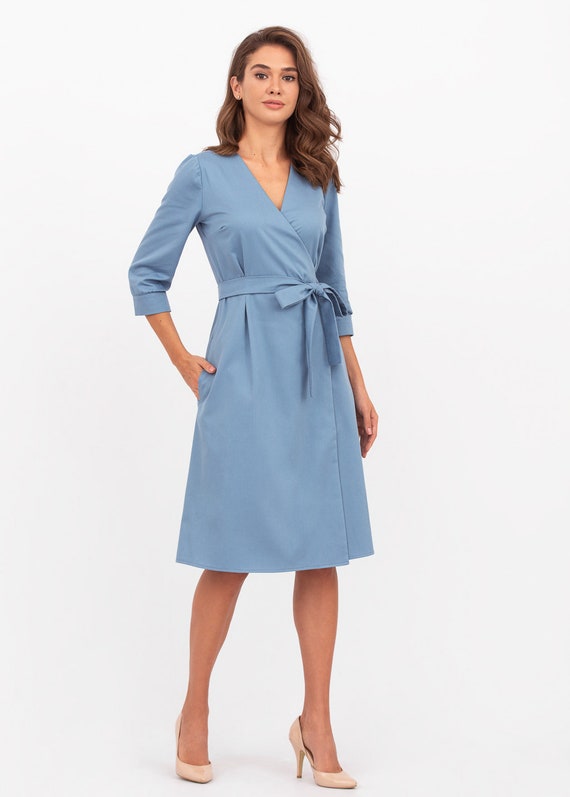 Blue Cotton Wrap Dress Business Dress ...