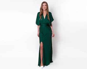 Infinity slit dress, dark green silk dress, bridesmaid dress, silk satin dress, multi wrap dress, convertible dress, multiway dress