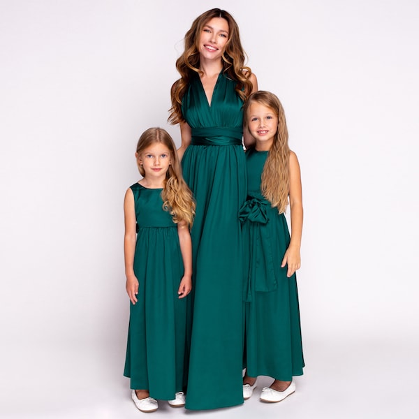 Dark green infinity dress, silk infinity dress, bridesmaid dress, flower girl dress, Mother and Daughter dresses