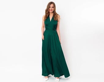 Bridesmaid dark green infinity jumpsuit, silk jumpsuit, multi wrap multiway convertible jumpsuit, bridesmaid dress, plus size dress