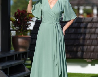 Sage green romantic wrap dress, bridesmaids dress, maxi dress, long dress, wedding guest dress, formal dress, evening summer dress