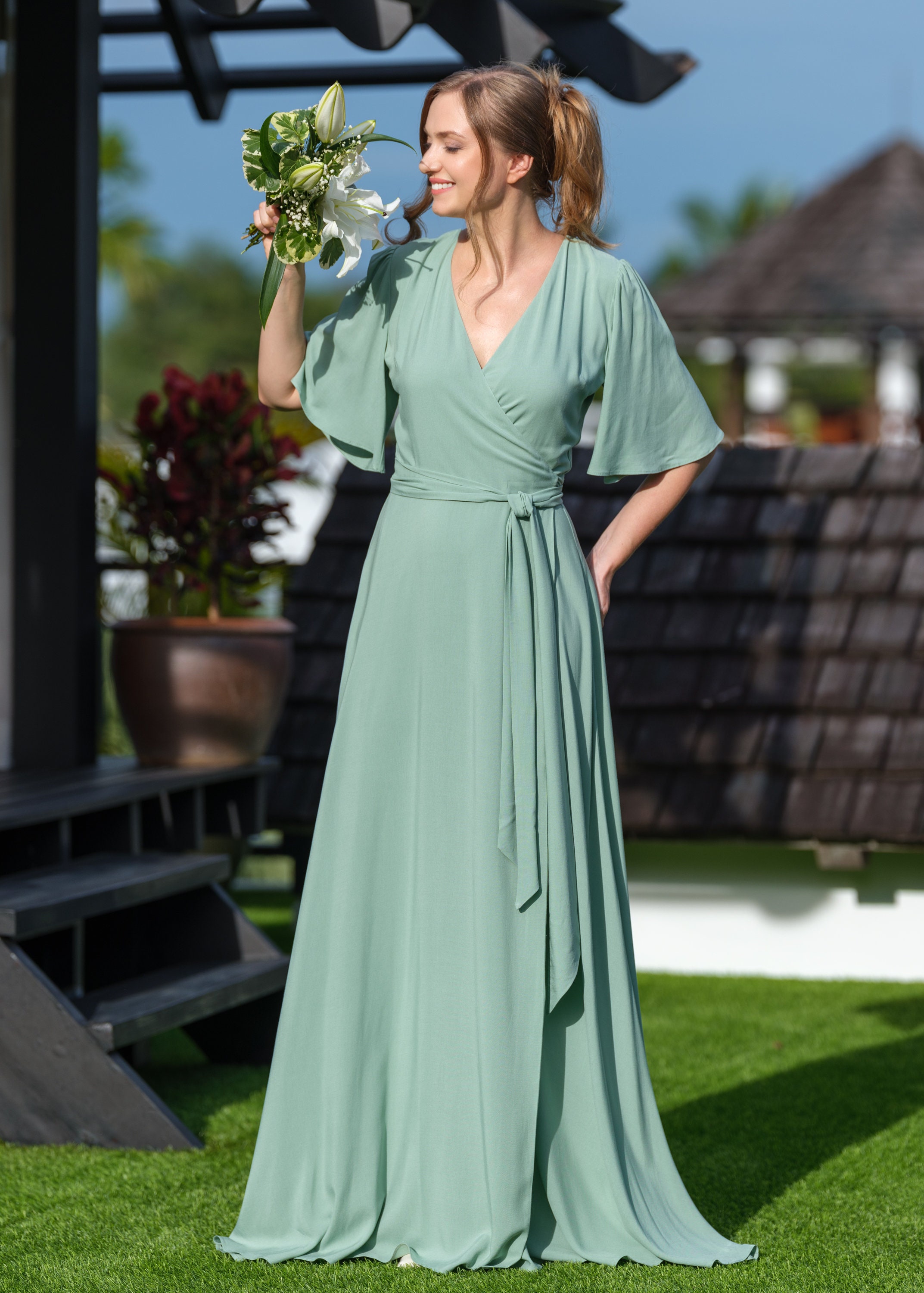 Sage Green Romantic Wrap Dress