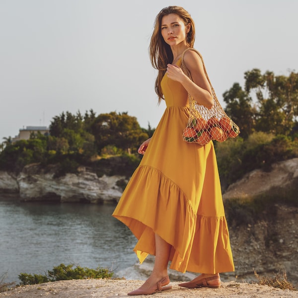 Honey yellow boho long summer dress, maxi handmade dress, vintage dress fabric, summer wedding guest dress, bridesmaid dress, cocktail dress