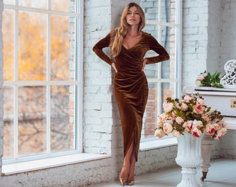 Rust gold long velvet pencil dress, wedding guest dress, evening dress, velvet bridesmaid dress, New Year dress, bodycon dress