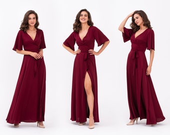 Burgundy dress, silk dress, wrap dress, bridesmaid dress, wedding guest dress, women dress, maxi dress, evening dress, long dress