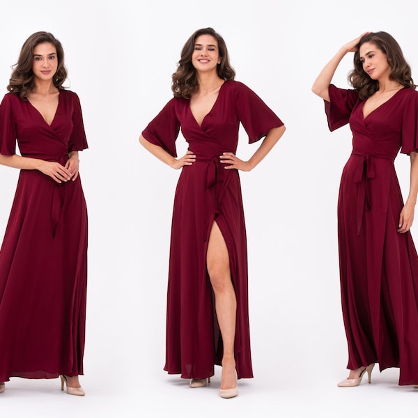 Burgundy dress, silk dress, wrap dress, bridesmaid dress, wedding guest dress, women dress, maxi dress, evening dress, long dress