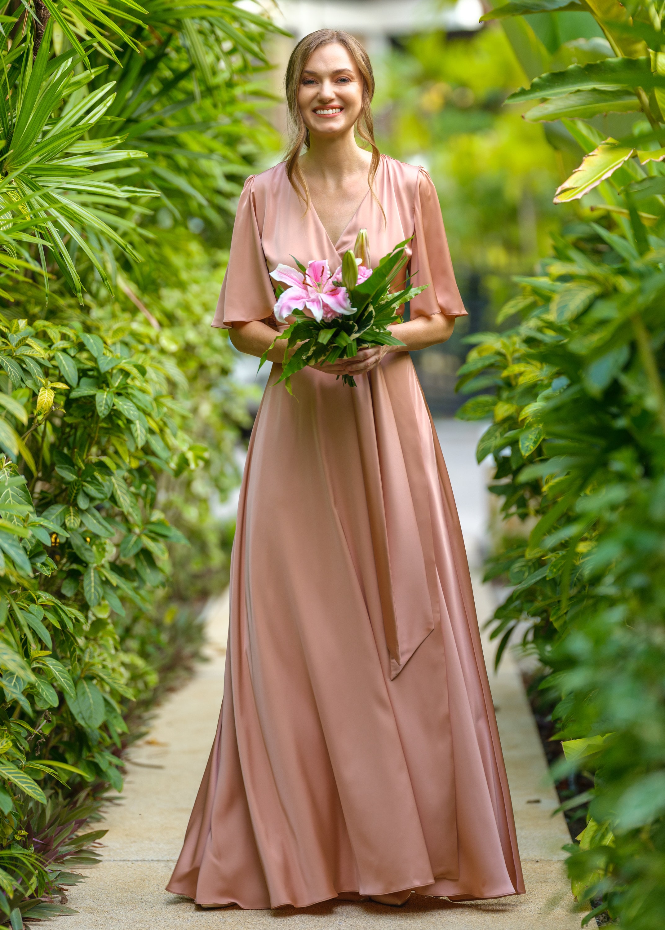 Rose gold silk wrap dress, bridesmaid dress, wedding guest dress, silk satin dress, maxi dress, evening dress, long dress, formal dress