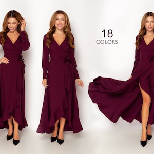 Burgundy long wrap around dress, bridesmaid dress, cocktail dress, wedding guest dress, maxi dress, formal dress, prom dress, summer dress