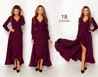 Burgundy long wrap around dress, bridesmaid dress, cocktail dress, wedding guest dress, maxi dress, formal dress, prom dress, summer dress