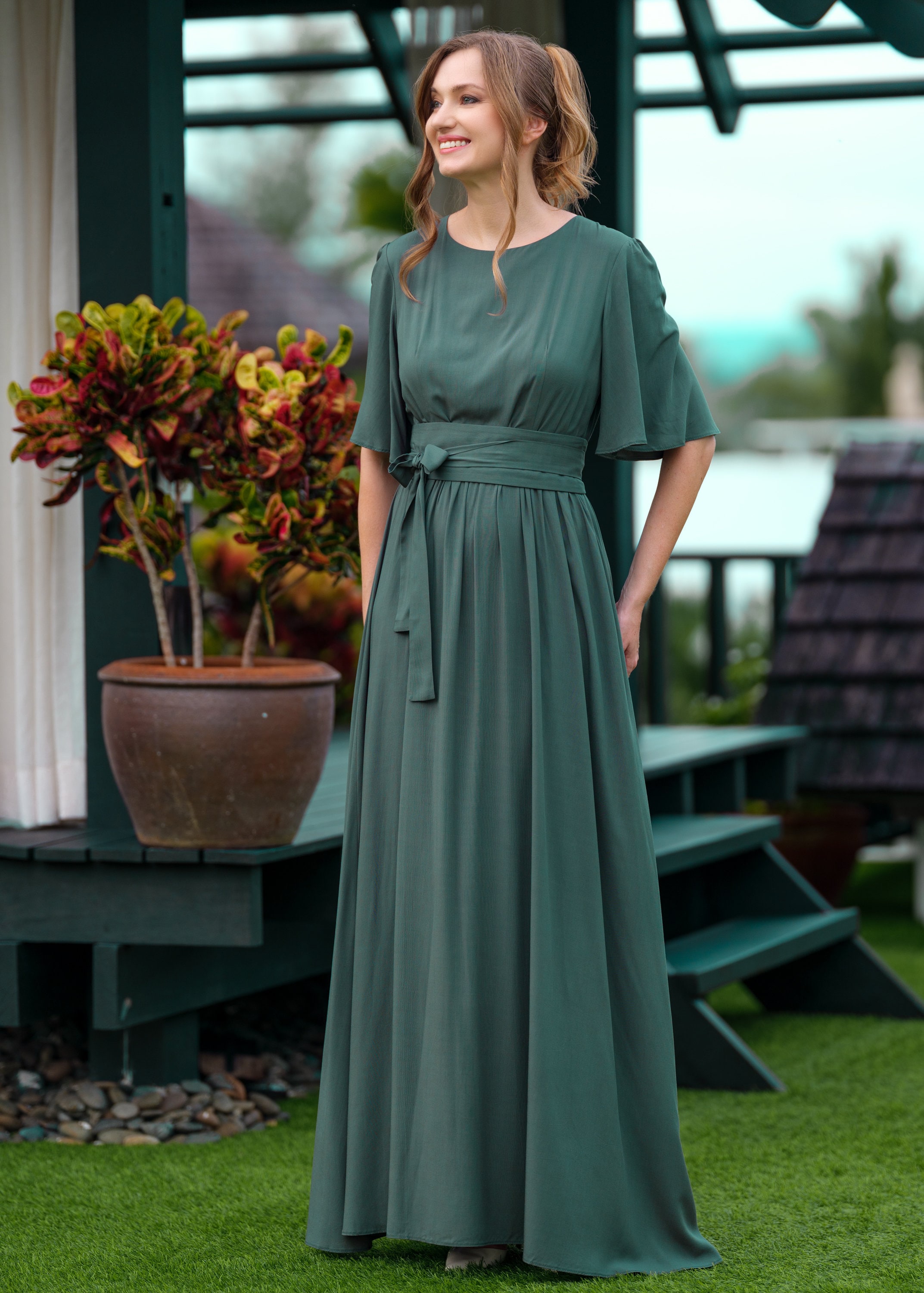 chinese dress ladies Satin Pocket Belted Dress- Cream M