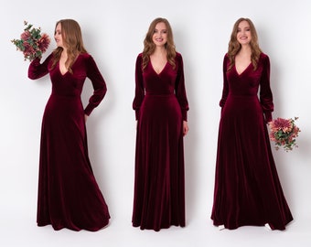 Plum burgundy velvet long dress, bridesmaid velvet dress, wedding guest dress, velvet gown, velvet slit dress, maxi dress, evening dress