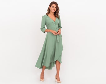 Sage green long wrap dress, bridesmaid dress, cocktail dress, wedding guest dress, mini party dress, prom dress, summer sage green dress