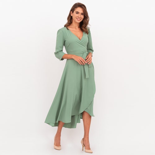 sage green printed long sleeve wrap dress Sage Green Long Wrap Dress, Bridesmaid Dress, Cocktail Dress, Wedding Guest  Dress, Mini Party Dress, Prom Dress, Summer Sage Green Dress
