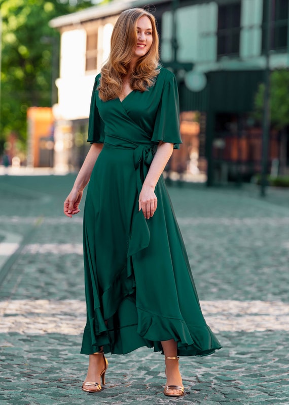 Vestido verde oscuro vestido de seda vestido cruzado -  México