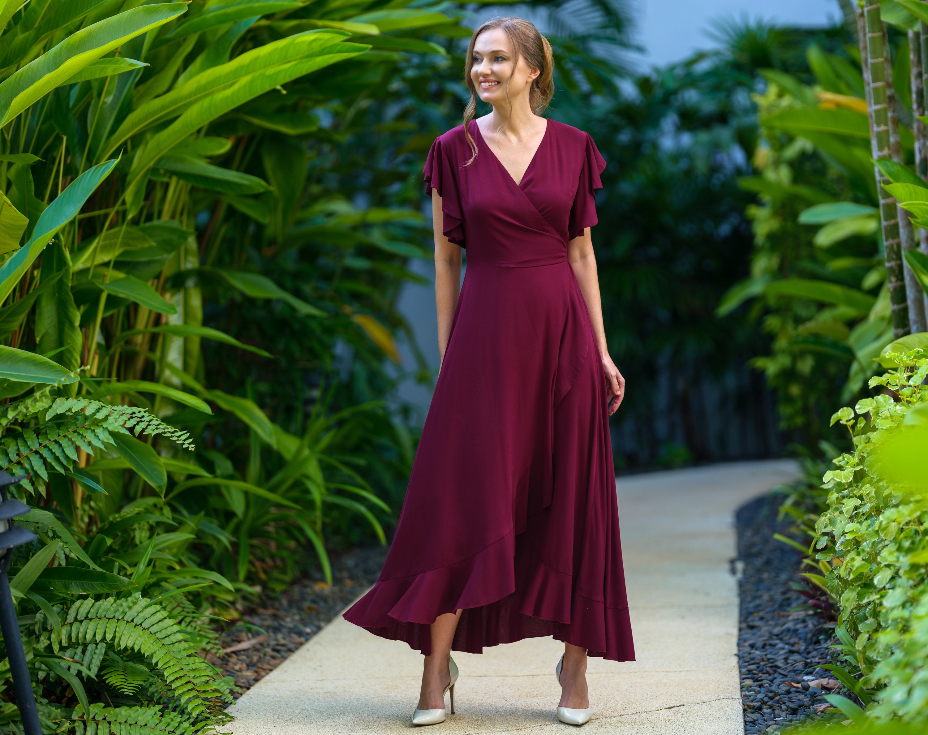 green and burgundy dress romantic wrap dress, bridesmaids dress, maxi dress, long dress, wedding guest dress, formal dress, evening summer Help Bees! What color Final Sale Nordstrom Products:Gloves Grey Green