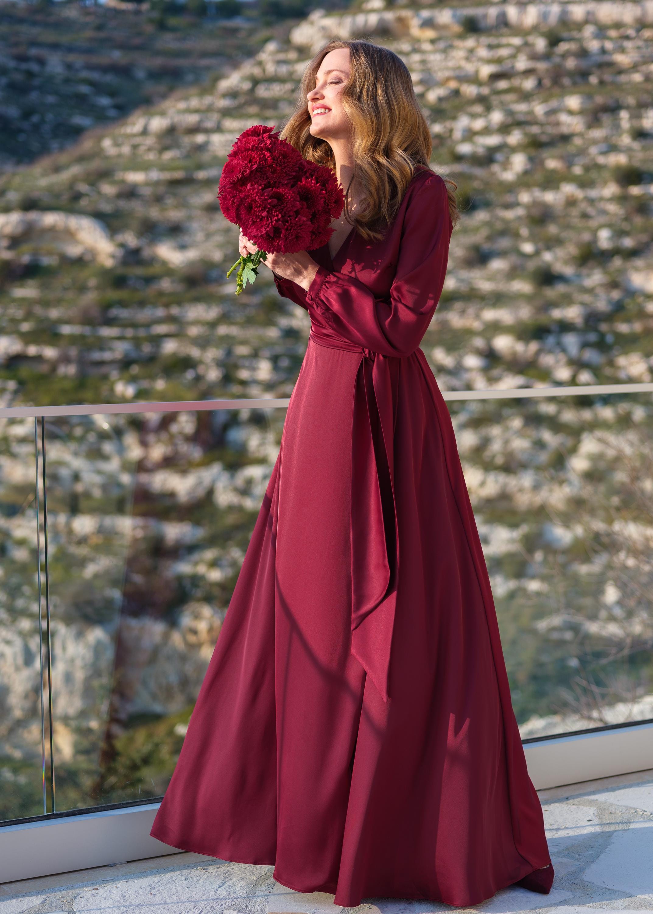 Burgundy silk wrap dress - Long sleeve satin gown | Formal Wedding Guest, Bridesmaids, Holiday or Evening Wear Burgundy silk wrap dress - Long sleeve satin gown | Formal Wedding Guest, Bridesmaids, Holiday or Evening Wear