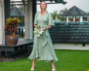 Sage green long wrap crepe dress, bridesmaid dress, wedding guest dress, formal dress, cocktail dress, evening dress, ruffle dress