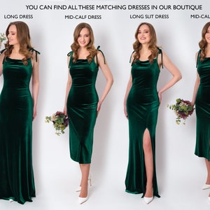 May include: Four women modelling different styles of emerald green velvet dresses. The dresses are all sleeveless and have a cowl neck. The dresses are available in long, mid-calf, long slit, and mid-calf slit styles.