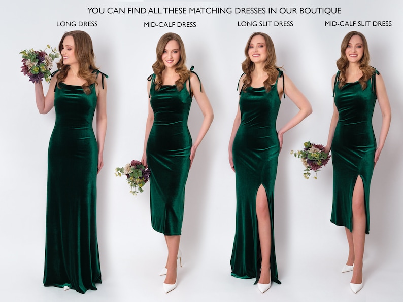 May include: Four women modelling different styles of emerald green velvet dresses. The dresses are all sleeveless and have a cowl neck. The dresses are available in long, mid-calf, long slit, and mid-calf slit styles.