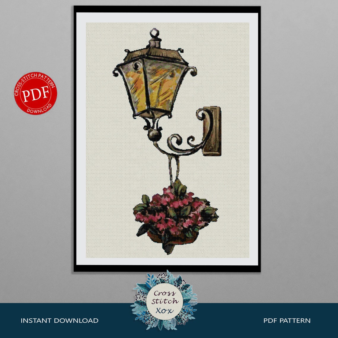 Street Lamp with Flower Cross Stitch Pattern Watercolor Etsy