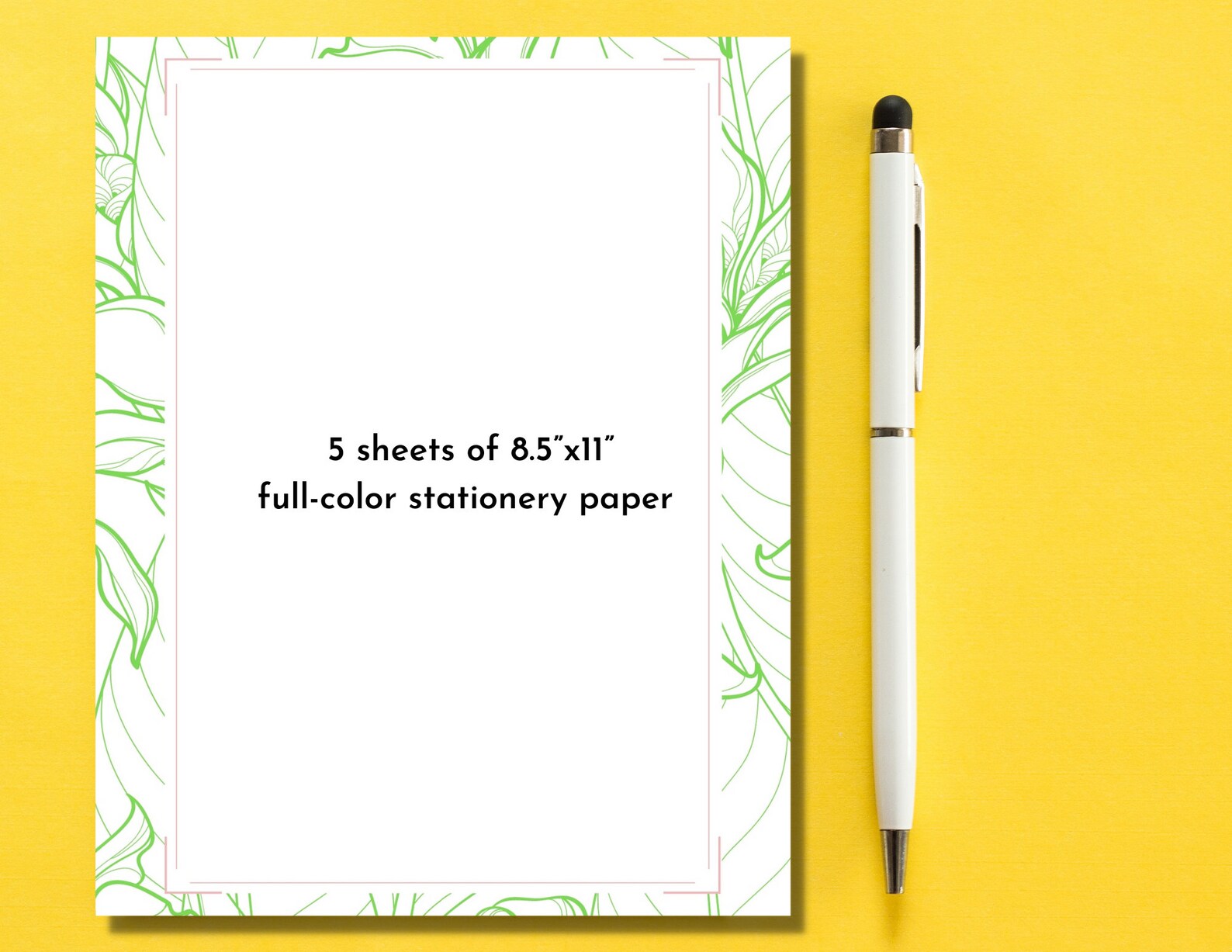 Printable Green Floral Border Stationery Paper and Notecard Etsy