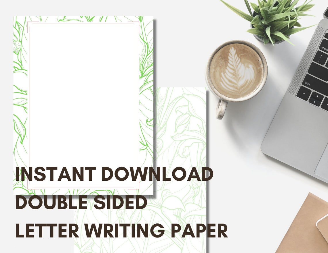 Printable Green Floral Border Stationery Paper and Notecard Etsy