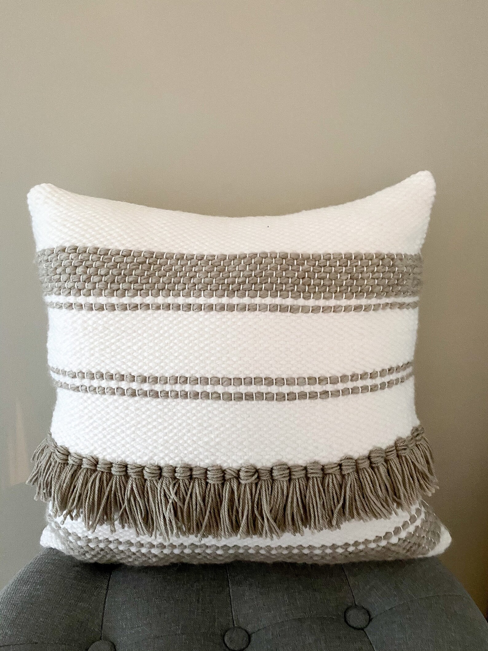 White & Cream Boho Fringe Hand Woven Decorative Throw Pillow Etsy