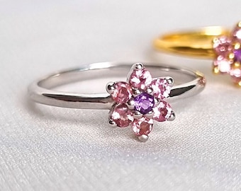 Pink Tourmaline & Amethyst Flower Ring in Sterling Silver Gold I Stackable Gemstone Promise Ring Anniversary Birthday Valentine Gift For Her