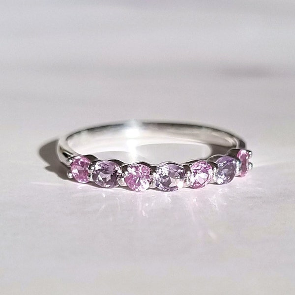 Pink Sapphire & Pink Amethyst Half Eternity Band Sterling Silver - Wedding, Promise Ring, Anniversary, Birthday Gift For Her Wife Girlfriend