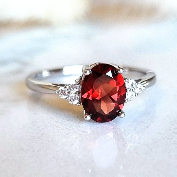 Sterling Silver Natural Garnet Ring - Engagement, Promise, Gemstone Ring, Anniversary Birthday Valentine's Gift For Her Wife Mum Girlfriend