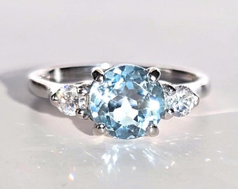 Sky Blue Topaz Three Stone Ring in Silver & Gold - Engagement Promise Proposal Ring Anniversary Birthday Gift For Her Wife Girlfriend Mum