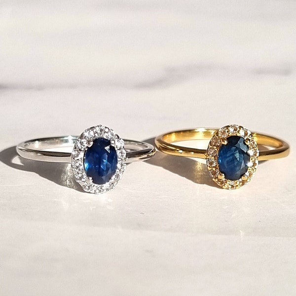 Natürlicher Blauer Saphir Ring aus Sterling Silber & Gold Vermeil - Verlobung Versprechen Muttertag Jahrestag Geburtstag Geschenk für ihre Freundin