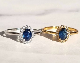 Blue Sapphire Ring: Sterling Silver & Gold Vermeil, White Topaz Halo