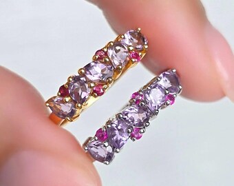 Natural Ruby and Amethyst Half Eternity Stackable Wedding Band - Sterling Silver Gold Vermeil