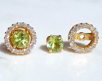 Peridot Halo Stud Earrings with Jackets Sterling Silver Gold Anniversary Birthday Wedding Gift For Her Wife Girlfriend Mum August Birthstone