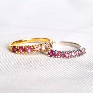 Ombre Pink Tourmaline Eternity Ring in Sterling Silver & Gold Vermeil Stackable Wedding Ring Anniversary Birthday Mother&#39;s Day Gift For Her