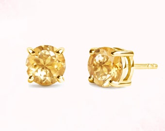 Citrine Round Stud Earrings 6 mm Sterling Silver & Gold - Anniversary Birthday Wedding Mother's Day Gift For Her Wife Girlfriend Mum