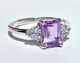 Lavender Amethyst Emerald Cut Ring Sterling Silver & Gold Engagement Promise Cocktail Anniversary Birthday Gift For Her Wife Girlfriend Mum