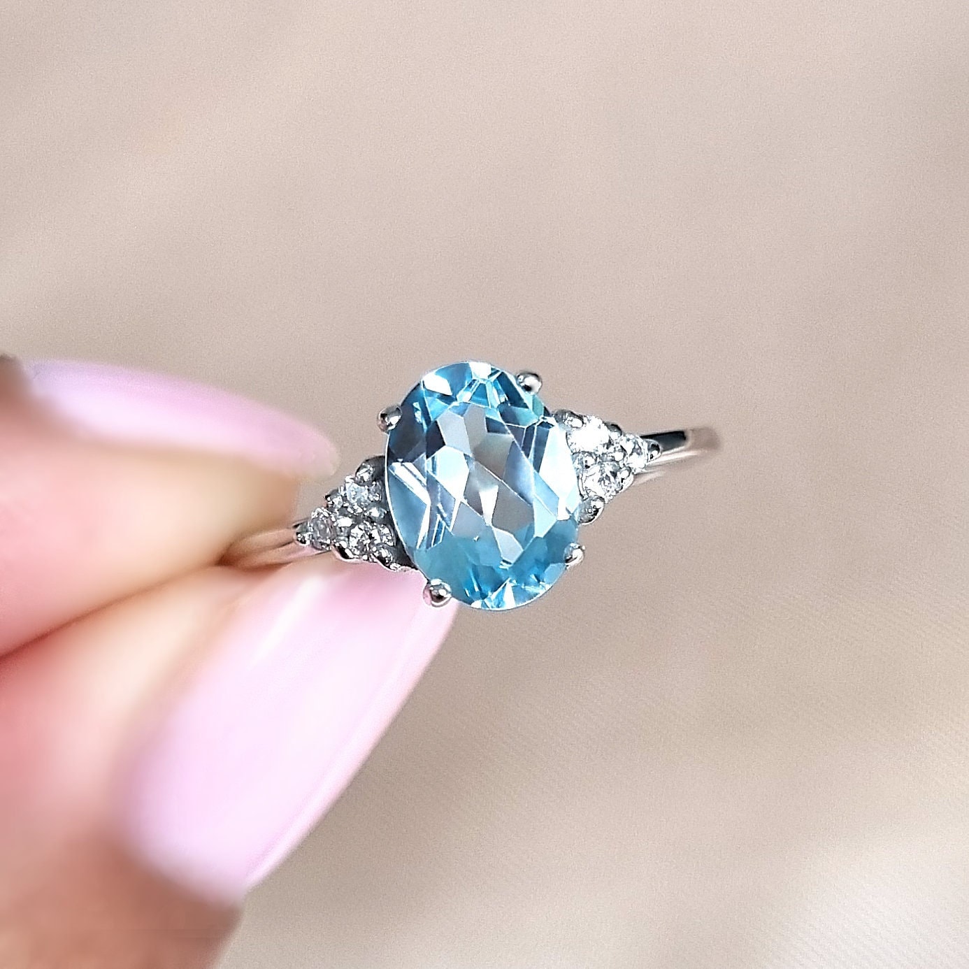 Sky Blue Topaz Ring Sterling Silver & Gold Vermeil - Engagement Promise Gemstone Ring Anniversary Birthday Gift For Her Wife Girlfriend Mum