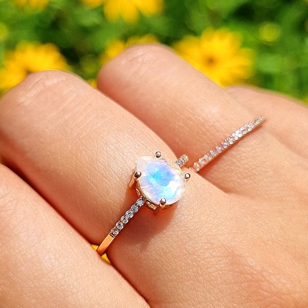 Rainbow Moonstone Ring in Rose Gold Vermeil - Anniversary, Birthday, Engagement, Promise Ring Valentine Gift for Her, Mum, Wife, Girlfriend