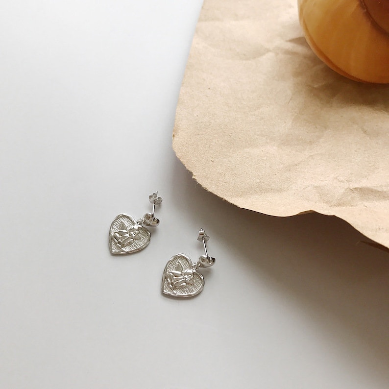 Coin Earrings Silver Heart Earrings Angel Love Earrings Trendy Earrings
