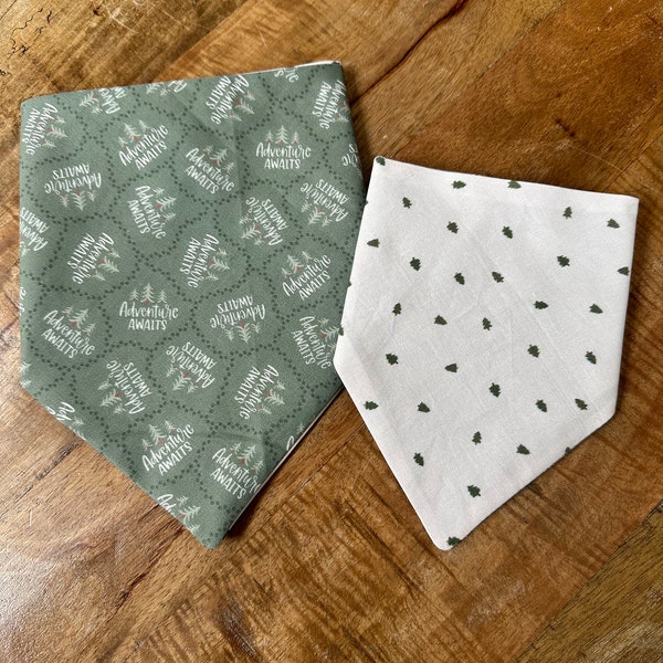 Sage adventure awaits & mini pine trees reversible over the collar dog bandana