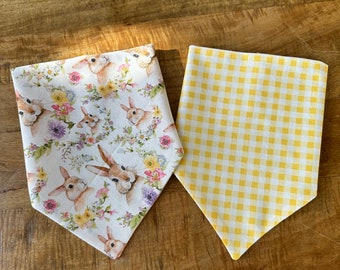 Spring easter bunnies & light yellow gingham reversible over the collar bandana