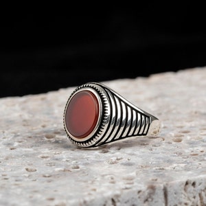 Pinky Finger Red Yemeni Aqeeq Silver Men Ring, Silver Handmade Jewelry, 925 Sterling Silver, For Men, Red Yemeni Aqeeq - Agate