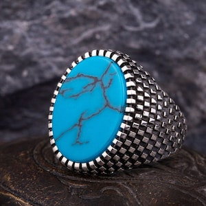Grid Pattern Silver Turquoise Men Ring, Silver Handmade Jewelry, 925 Sterling Silver, For Men, Turquoise, Feroza