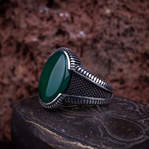 Oval Green Aqeeq Men Ring, Silver Handmade Jewelry, 925 Sterling Silver, For Men, Green Aqeeq Agate image 1
