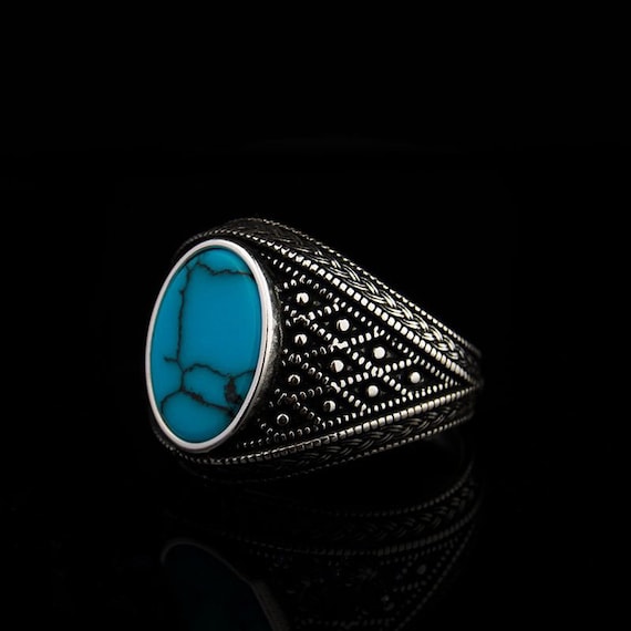 Turquoise Oval Silver Men Ring, Silver Handmade Jewelry, 925