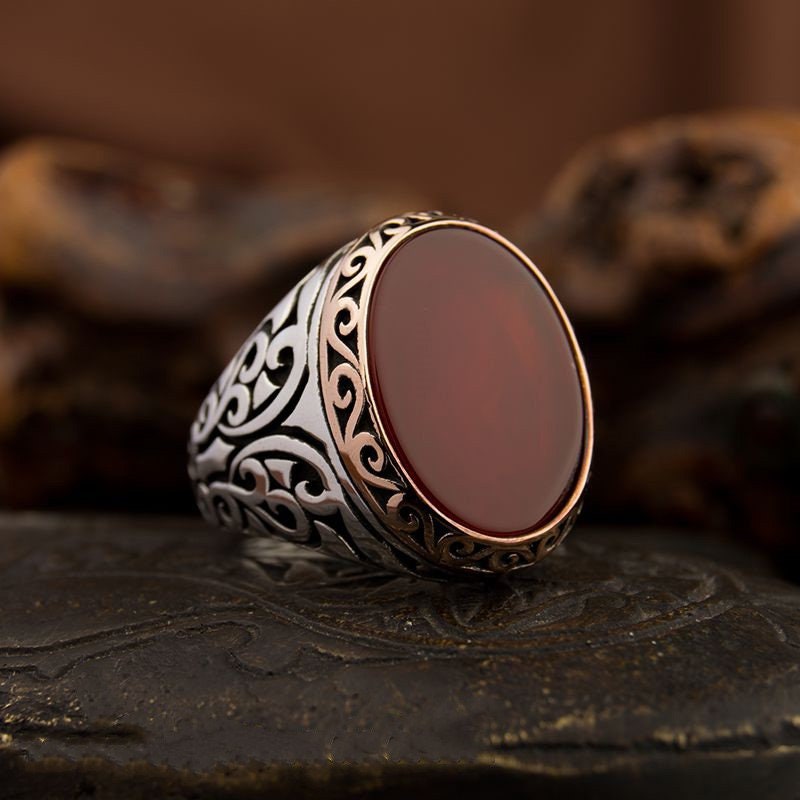 Men Ring Agate Opal Gemstone Red Carved Silver Vintage Oval Aqeeq Size –  AGARTA