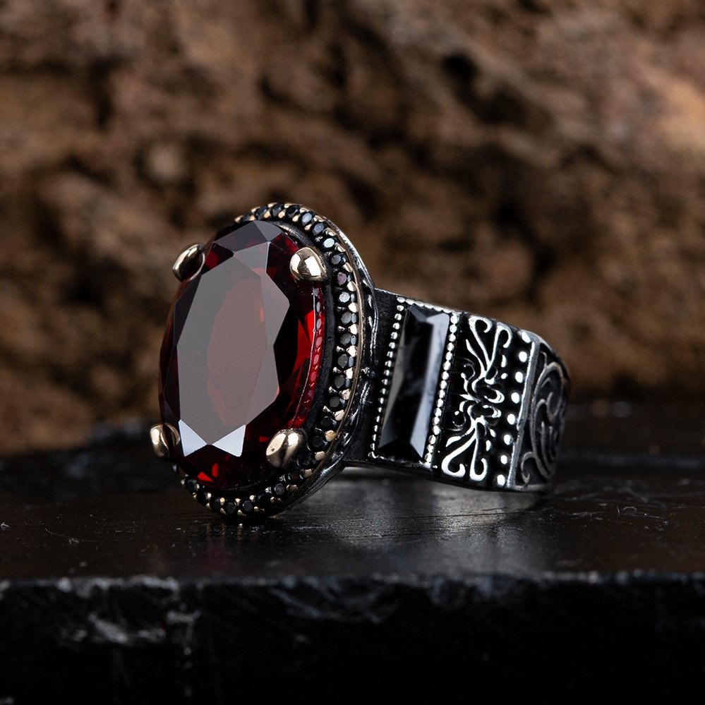 Elegant Red Zircon Oval Men's Ring, Silver Handmade Jewelry, 925
